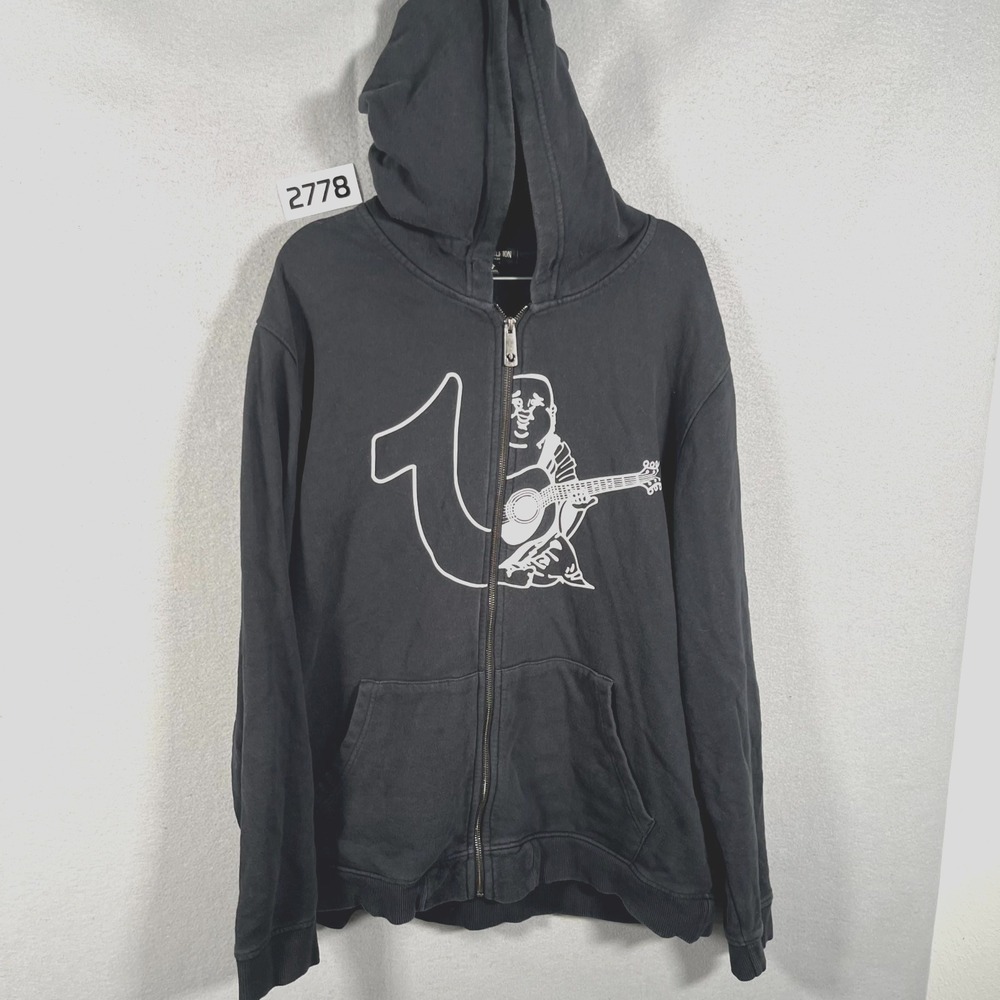 True Religion Japanese Buddha Hoodie Mens 2XL Black Graphic‎ Print Full Zip